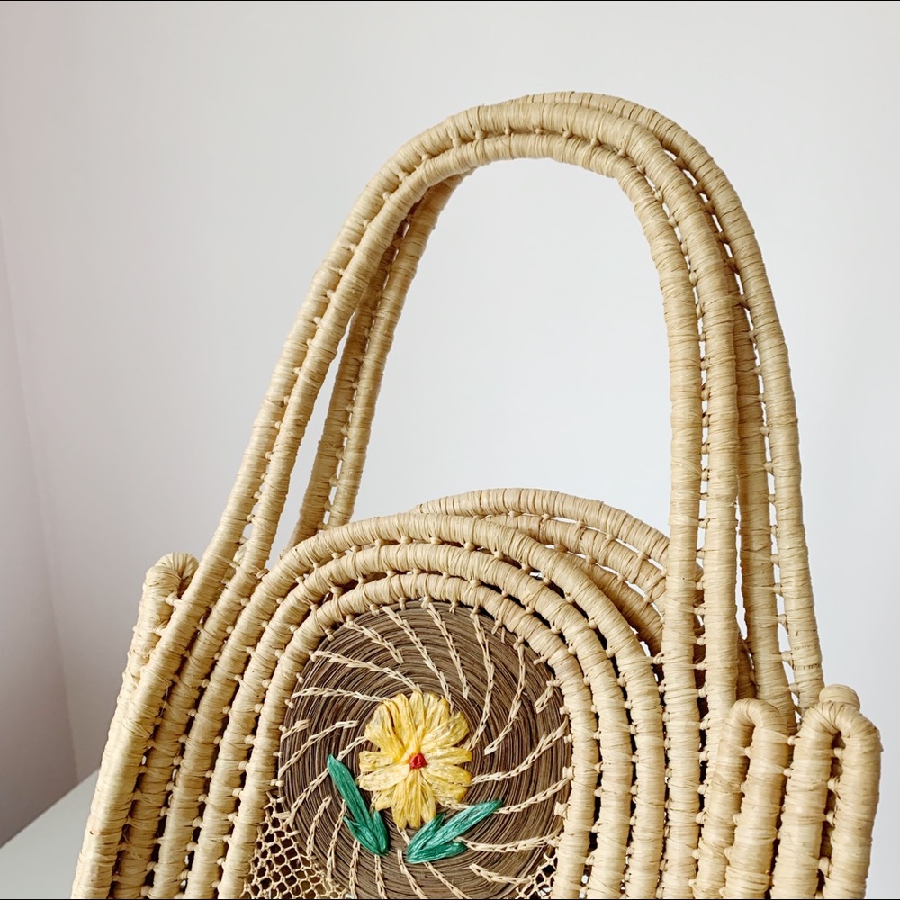 Handcrafted Floral Embroidered Rattan Tote - Picture 2 of 8